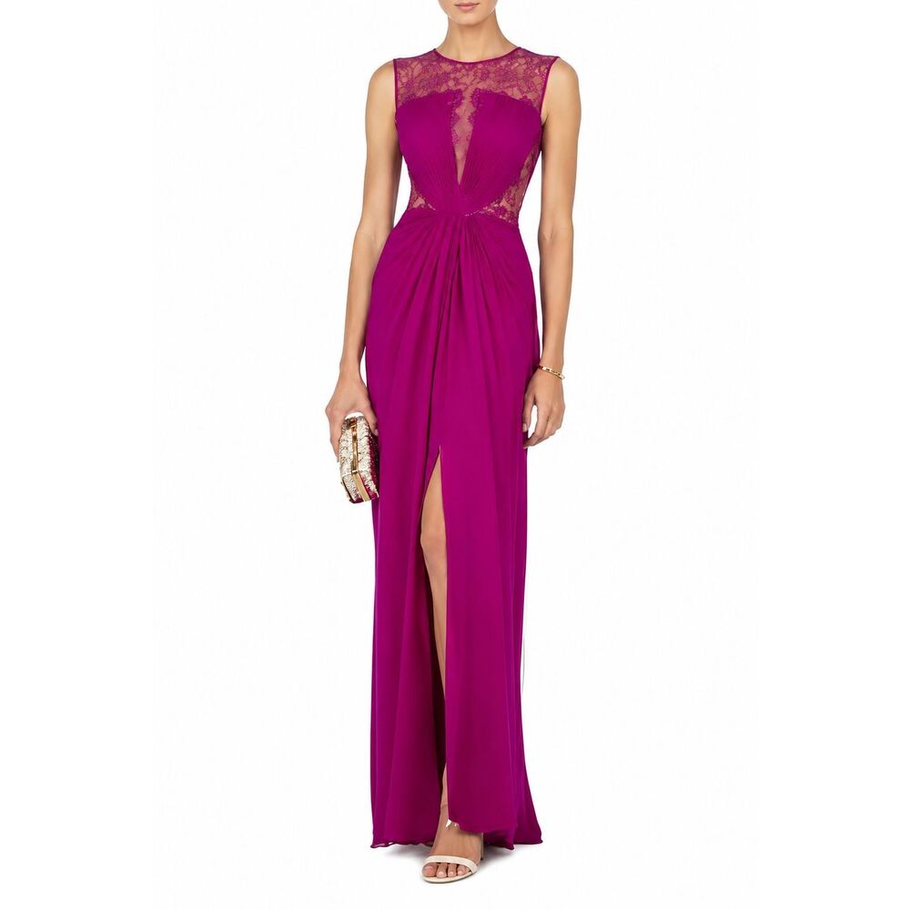 BCBGMAXAZRIA Tamara Silk Lace Illusion Gown Purple Magenta Maxi Dress Size 12